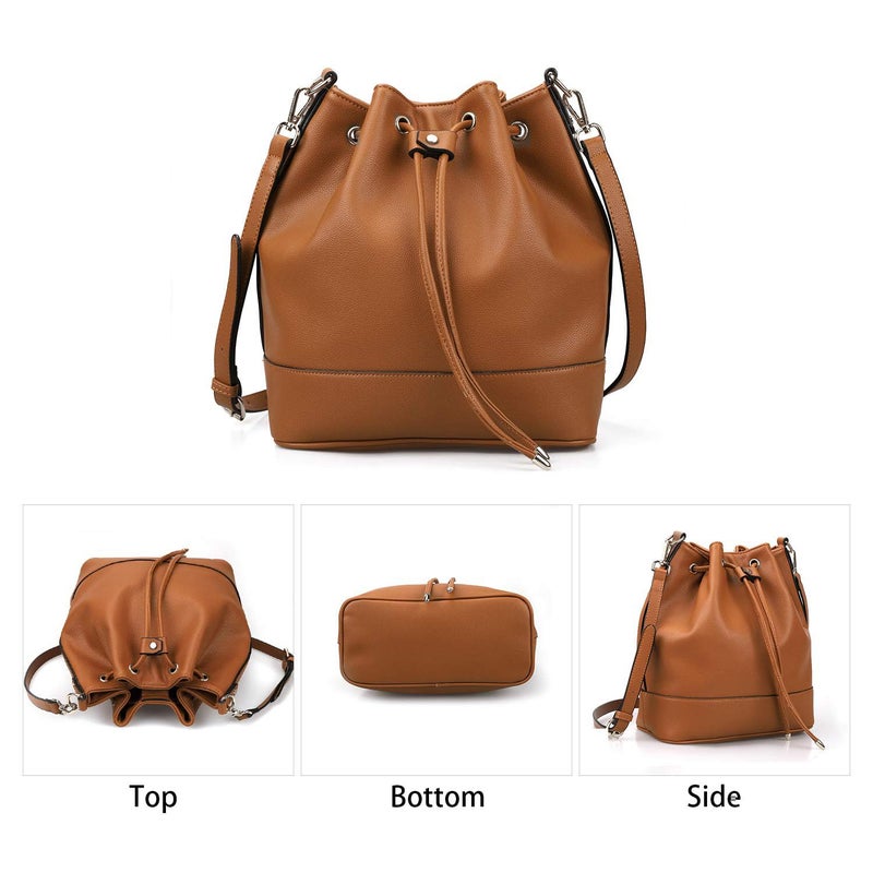AFKOMST Leather Bucket Bags and Drawstring Crossbody Purse for Women Medium Tote and Hobo Handbags with 2 Shouder Straps - Image 3